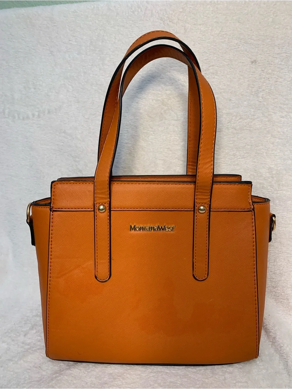 Montana West Orange Structured Saffiano Tote with Gold Accents